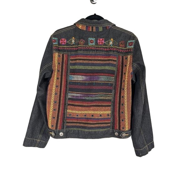 Chicos Denim Jacket M Gray Striped Embroidery Western Aztec Boho Retro 80s Chic - Picture 8 of 16